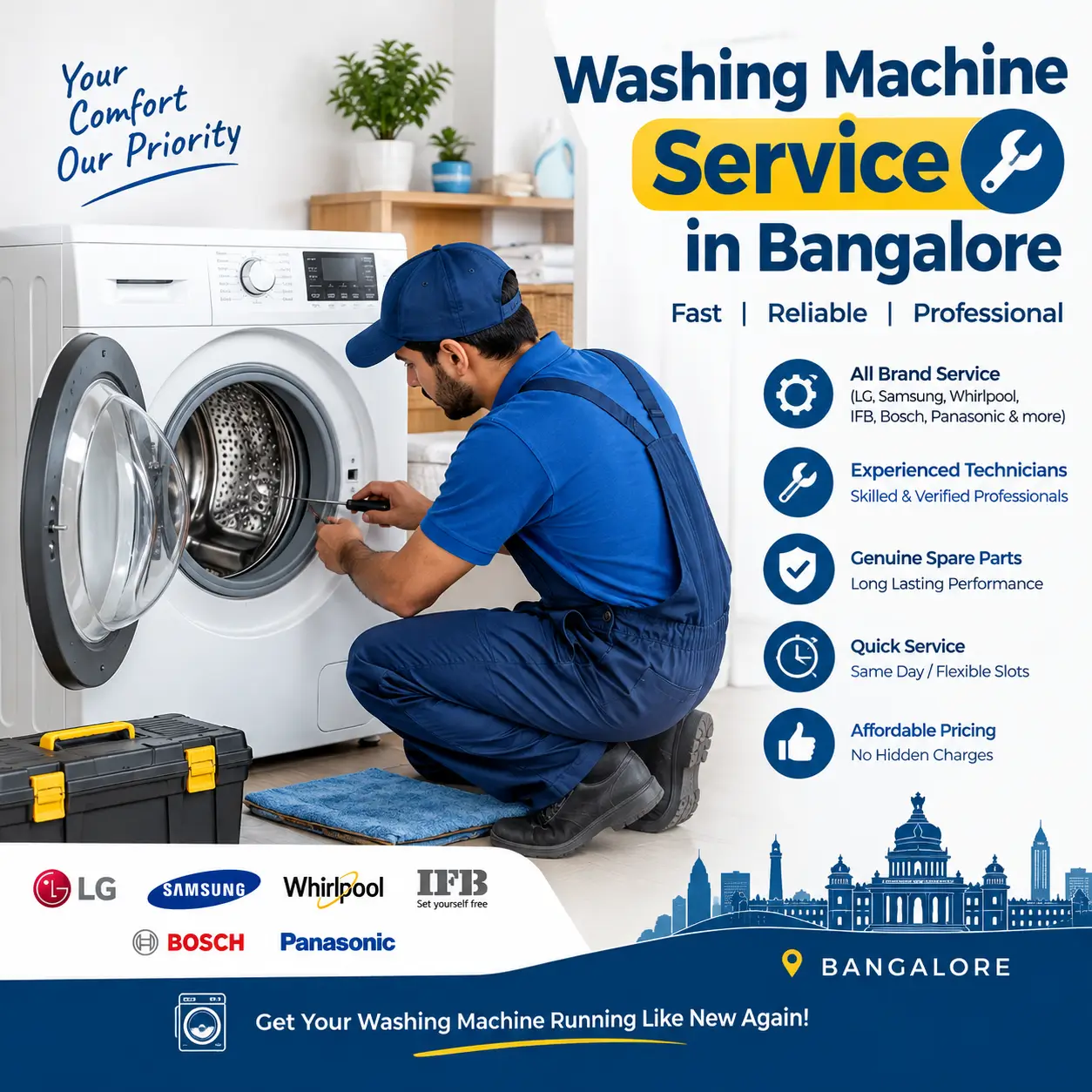 Washing machine service in Bangalore — technician repairing a washer at a customer apartment