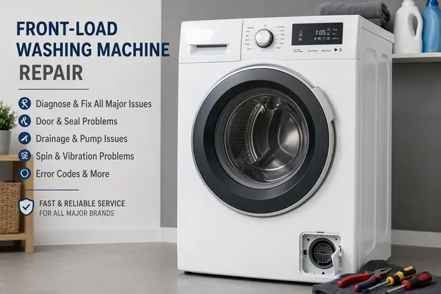 Front load washing machine being serviced by a technician