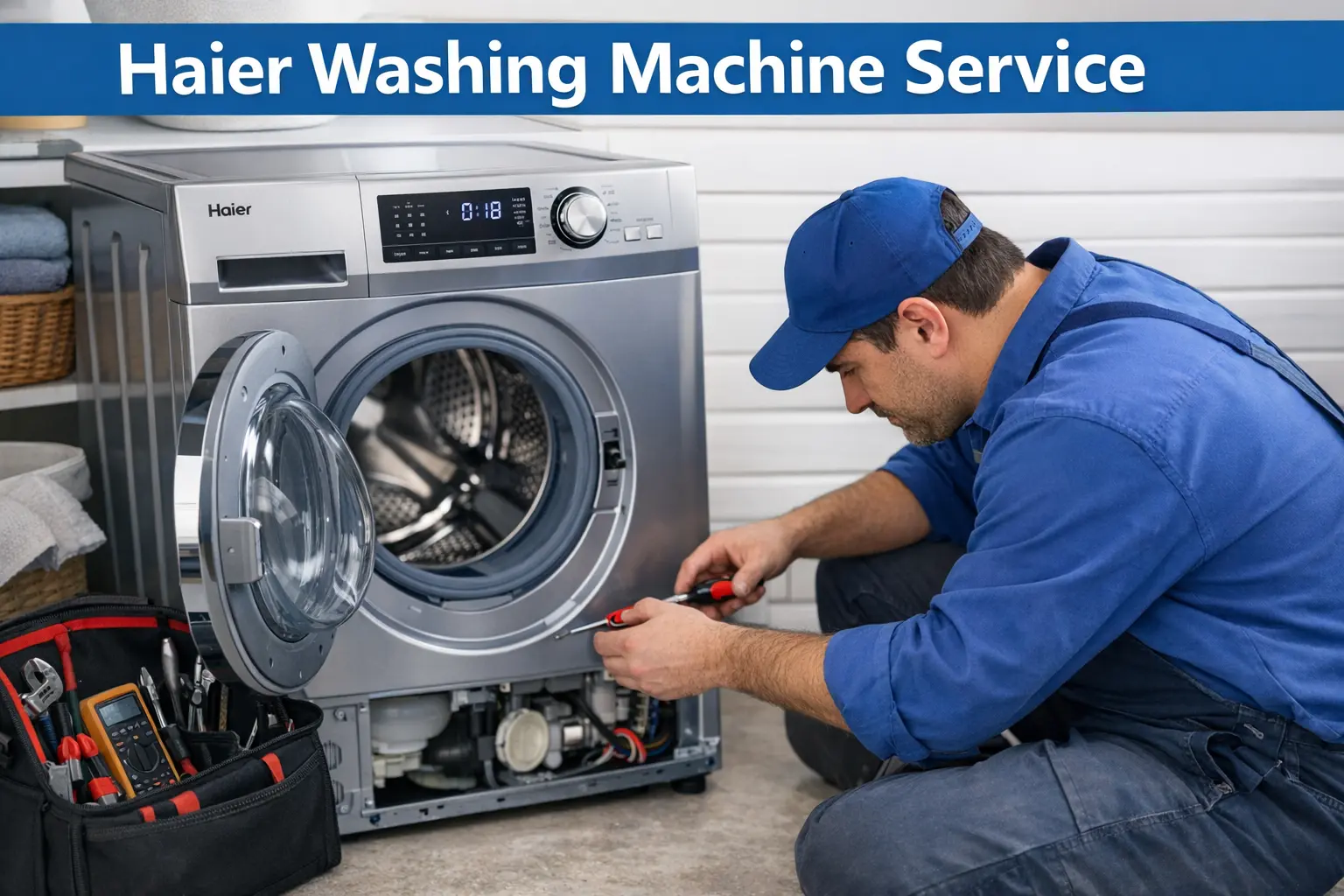 Haier washing machine service — technician servicing a Haier washer