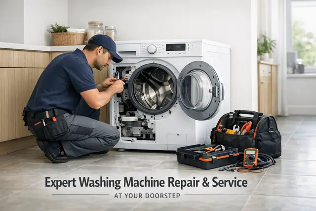 Expert technician repairing a front load washing machine drum